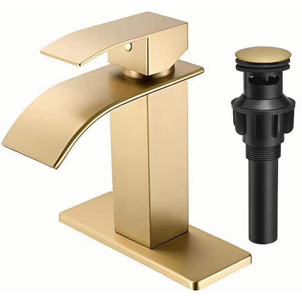 MTTCLE Single Handle Waterfall Spout Single Hole Bathroom Faucet with Deckplate and Drain Kit and Touch On Brushed Gold 1 Pack