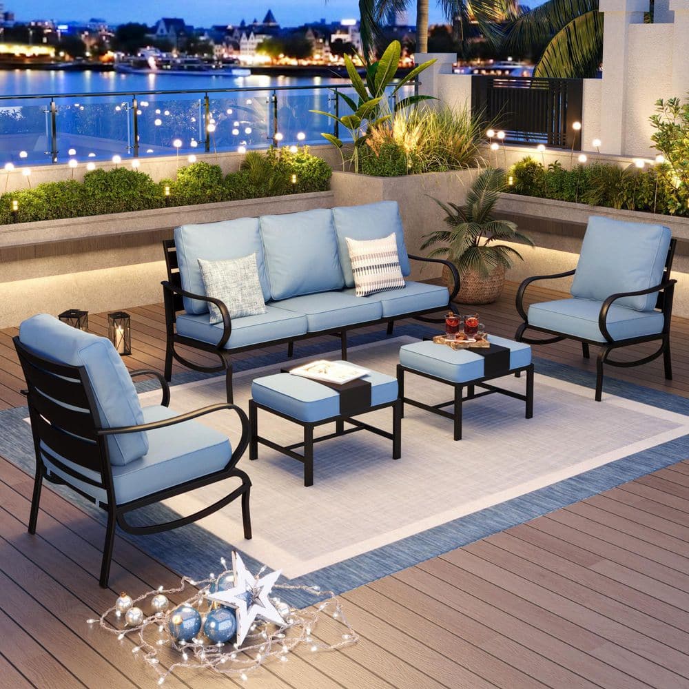 Black 5-Piece Metal Slatted 7-Seat Outdoor Patio Conversation Set with Blue Cushions and 2 Ottomans
