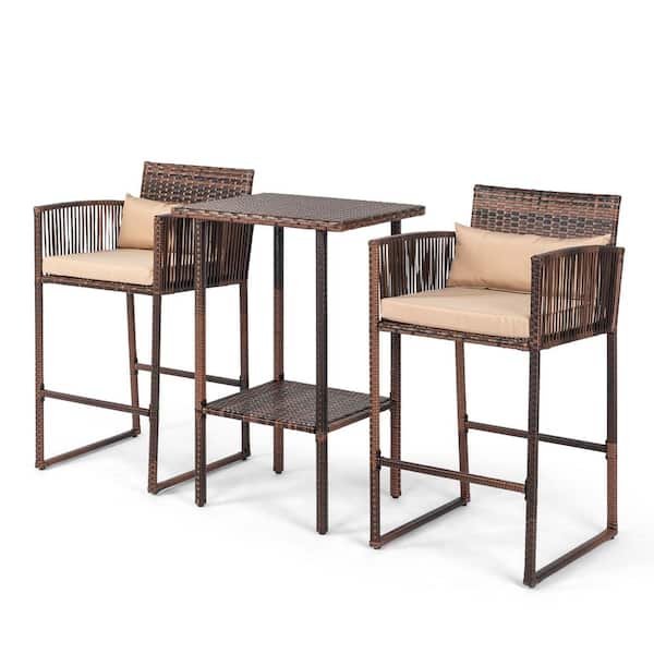 Karl home Patio 3-Piece Wicker Outdoor Bistro Set with Khaki Cushions