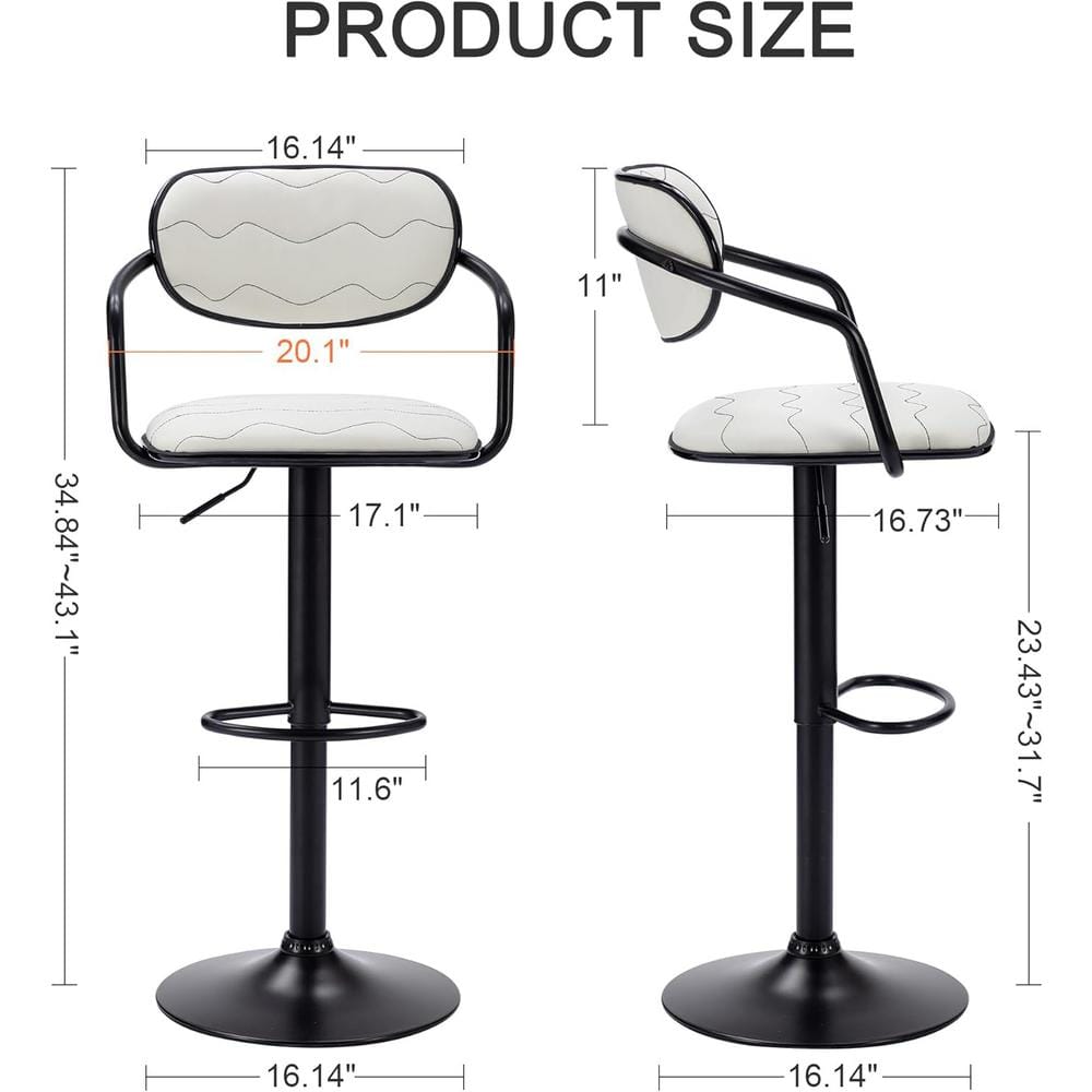 Adjustable White Faux Leather Swivel Bar Stools with Black Metal Frame, Set of 2