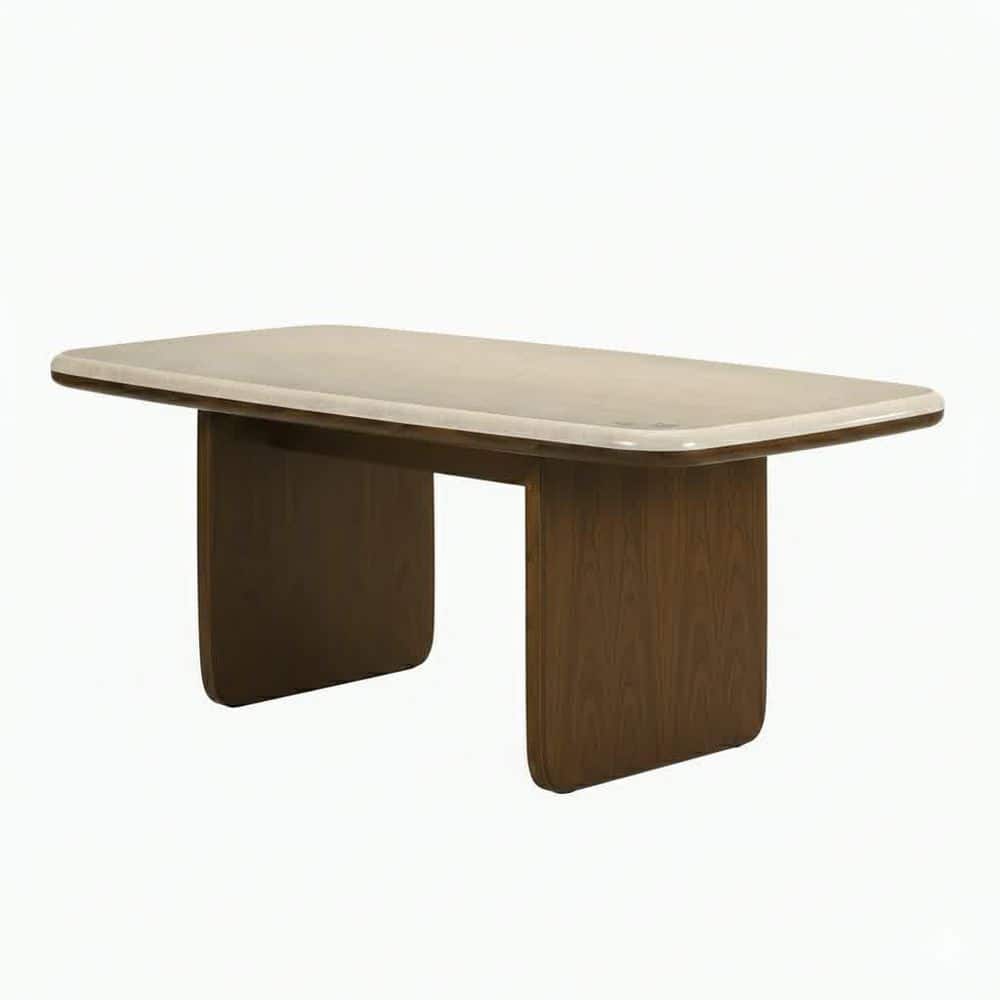 Austen Vintage Oak Natural Marble 79 in. Double Pedestal Base Dining Table Seats 6
