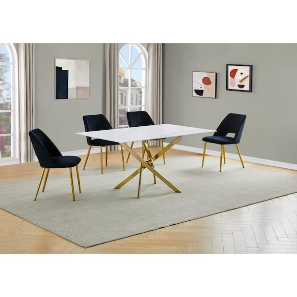 Best Quality Furniture Esteban 5-Piece White Marble Wrap Glass Top Cross Leg Gold Base Dining Set with 4-Black Velvet Fabric Chairs