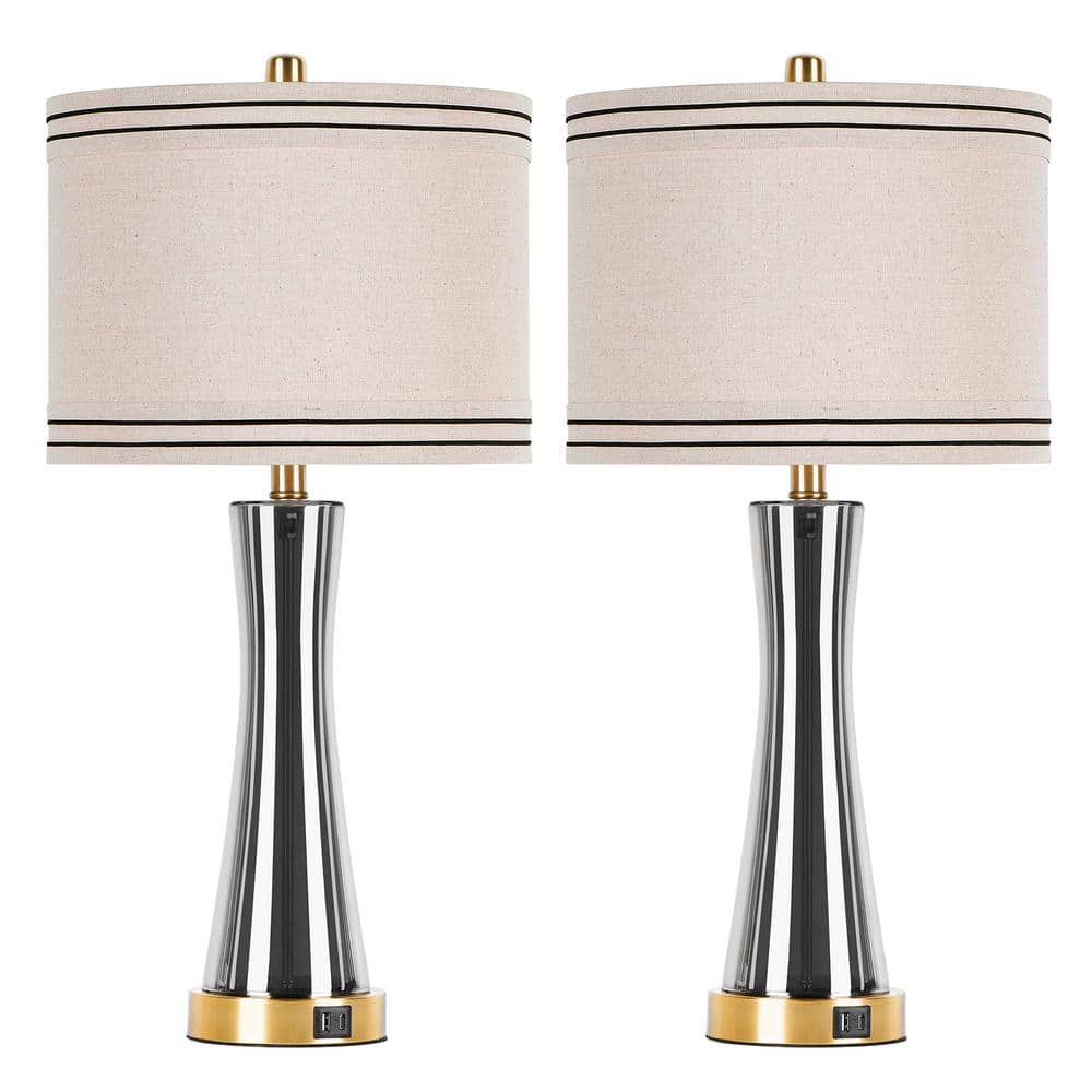 Myfoi 27.4 in. Gray Glass Table Lamps Set (Set of 2) with USB Ports 3