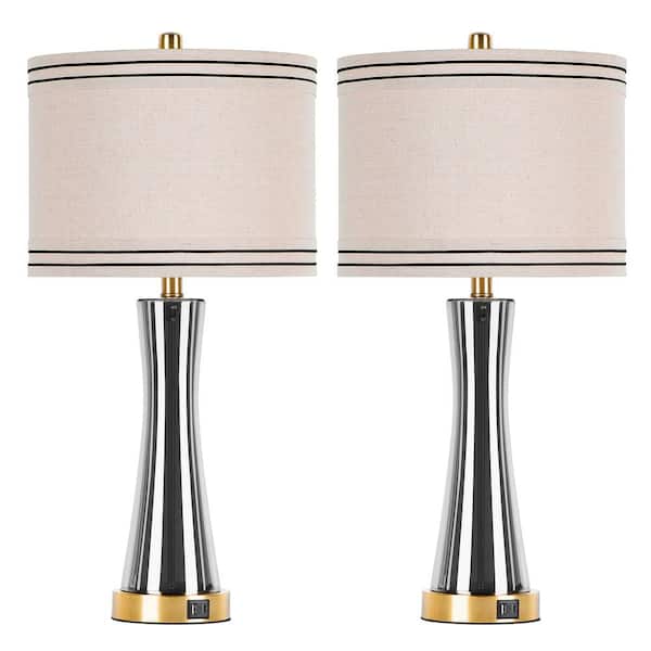 Myfoi 27.4  in.  Gray Glass Table Lamps Set (Set of 2) with USB Ports 3-Way Dimmable Touch Control Nightstand Lamp