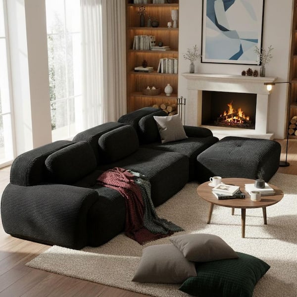 Homy Casa SMZO 117.3 in. Rolled Arm 3-Piece Corduroy Modular