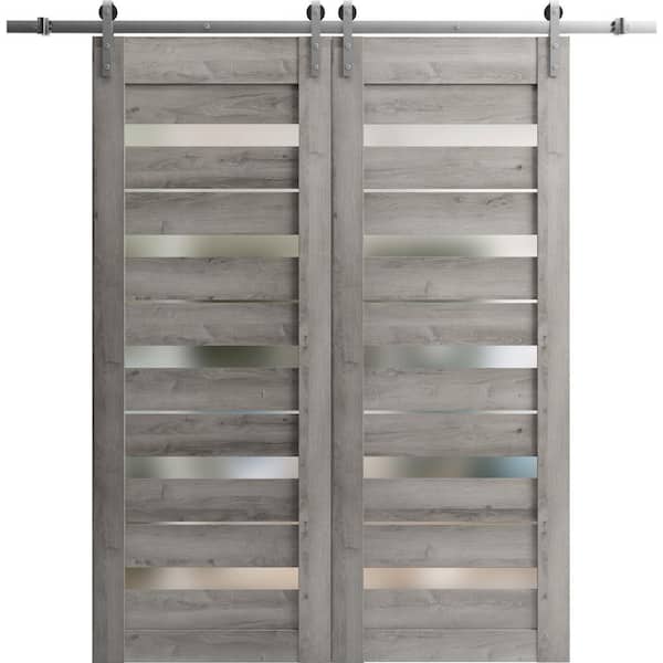 Sartodoors 30 in. x 96 in. 2 Panel Frosted Glass Nebraska Grey Solid Wood Sliding Barn Door with Hardware Kit