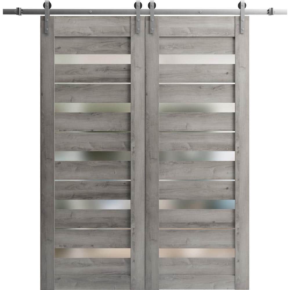 Assemble Required 36 in. x 96 in. 2 Panel Frosted Glass Nebraska Grey Solid Wood Sliding Barn Door with Hardware Kit price history on PriceWatchPro