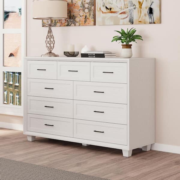 FUFU&GAGA Rustic White 9-Drawer 60 in. Wide Chest of Drawers with Metal Handles, Tapered Legs, Anti-Tip Hardware