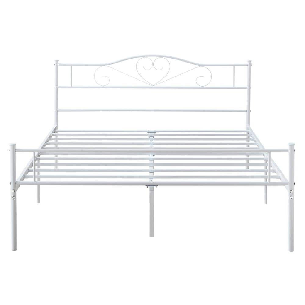 Queen Bed Frame, White Platform Bed No Box Spring Needed, Heavy Duty Steel Slats Support Bed