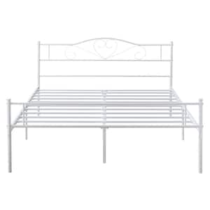 Queen Bed Frame, White Platform Bed No Box Spring Needed, Heavy Duty Steel Slats Support Bed