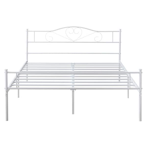VECELO Queen Bed Frame, White Platform Bed No Box Spring Needed, Heavy Duty Steel Slats Support Bed