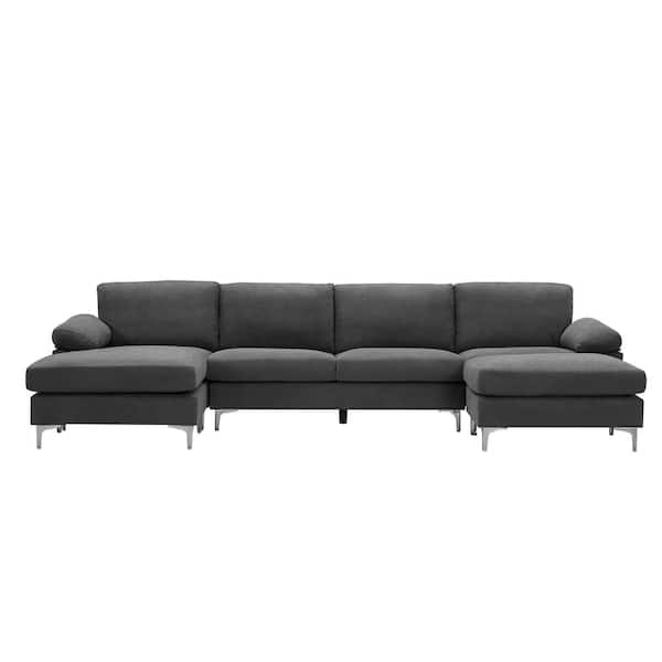 Unbranded 128.3 in. W Round Arms Fabric L Shaped Symmetrical Convertible Sectional Sofa in Gray