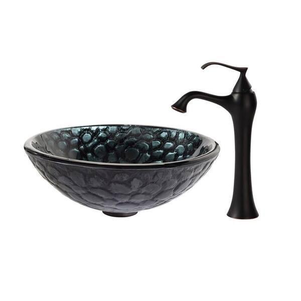 KRAUS Kratos Glass Vessel Sink in Black with Ventus Faucet in Oil Rubbed Bronze