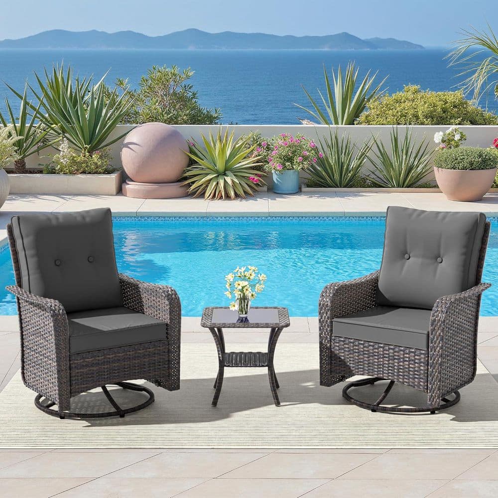 3-Piece Wicker Outdoor Rocking Chairs Set with Swivel, 1 Glass Coffee Table and Cushion Gray price history on PriceWatchPro
