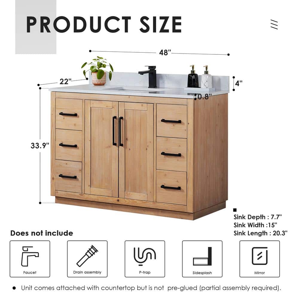 Cicero 48" Light Brown Fir Wood Vanity with White Stone Top