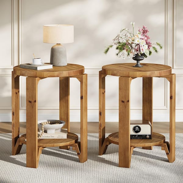 19.68 in. Brown Solid Wood Round End Table, 2-Tier Farmhouse Side Table with Storage for Living Room, Bedroom Set of 2