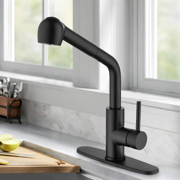 UPIKER Modern Single Handle Single Hole Stainless Steel Bathroom Faucet with Pull Out Sprayer in Matte Black
