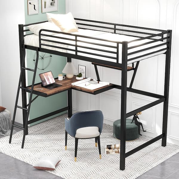 Black Twin Size Loft Bed with L-shaped Desk and Shelf, Metal Loft Bed with Guardrails and Ladder, Kids Loft Bed Frame