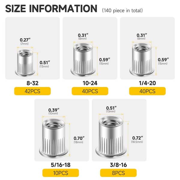 140-Piece Rivet Nut Assortment Kit, 304 Stainless Steel Knurled Nutserts, SAE #8-32 to 3/8-16