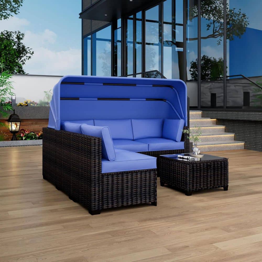 6 Piece Brown PE Rattan Wicker Patio Outdoor Sectional Set with Blue Cushions, Retractable Canopy, Adjustable Backrests price history on PriceWatchPro