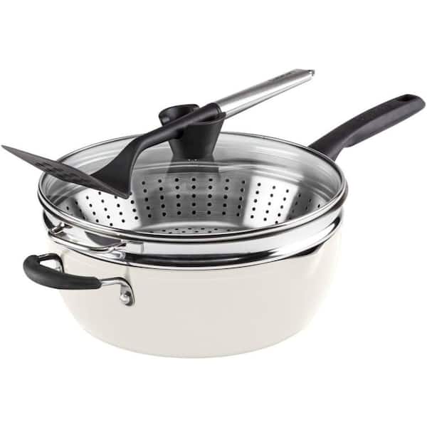 Unbranded 4-Piece Set 4.5 Qt. Multi-Purpose Pan with Lid Cover, Steamer, Slotted Turner in Creme de la Creme