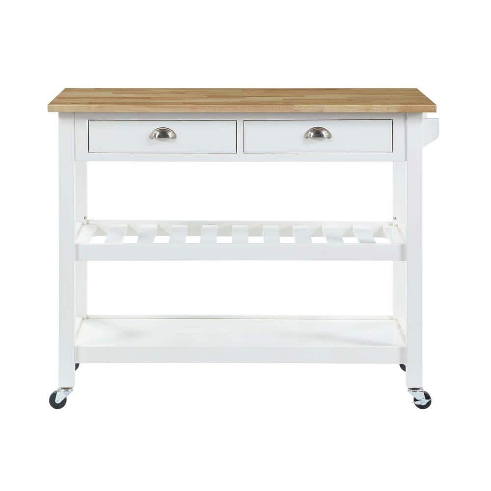 Transitional Butcher Block Kitchen Cart with Wine Storage - White & Natural
