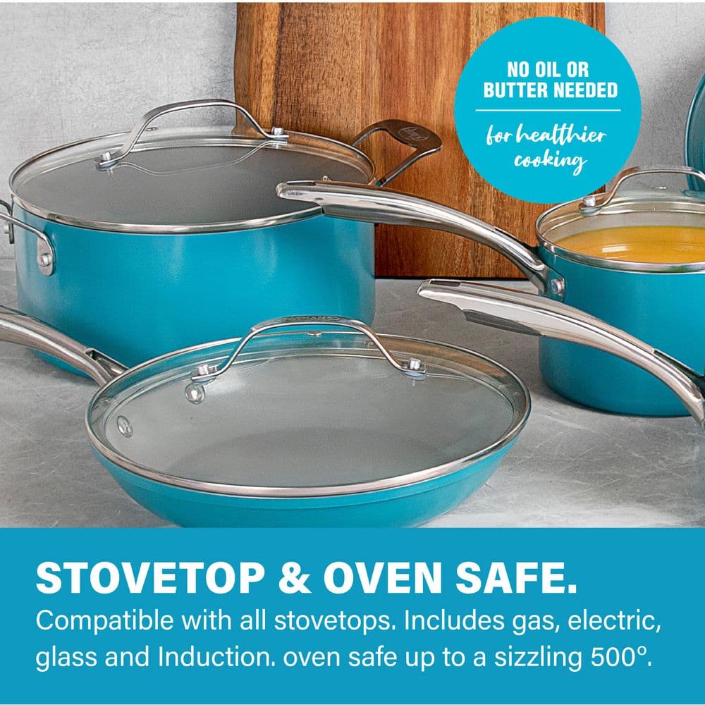 Aqua Blue Aluminum 5 QT Nonstick Stock Pot with Glass Lid