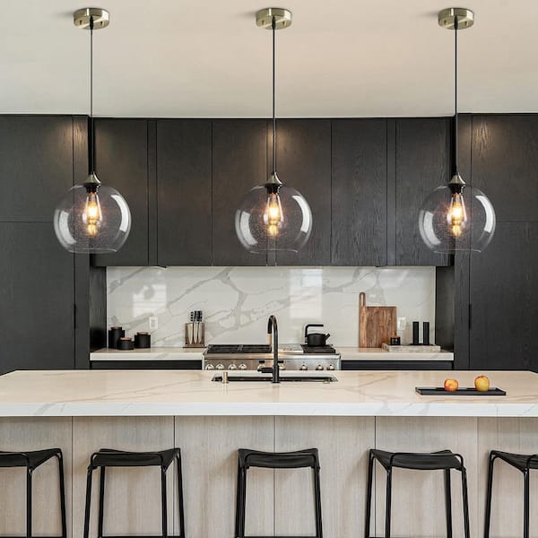 Home Lighting ‎60-Watts 1 Light 9.84 in. Clear Glass Pendant Light for Kitchen Island, No Bulbs Included, 3-Pack