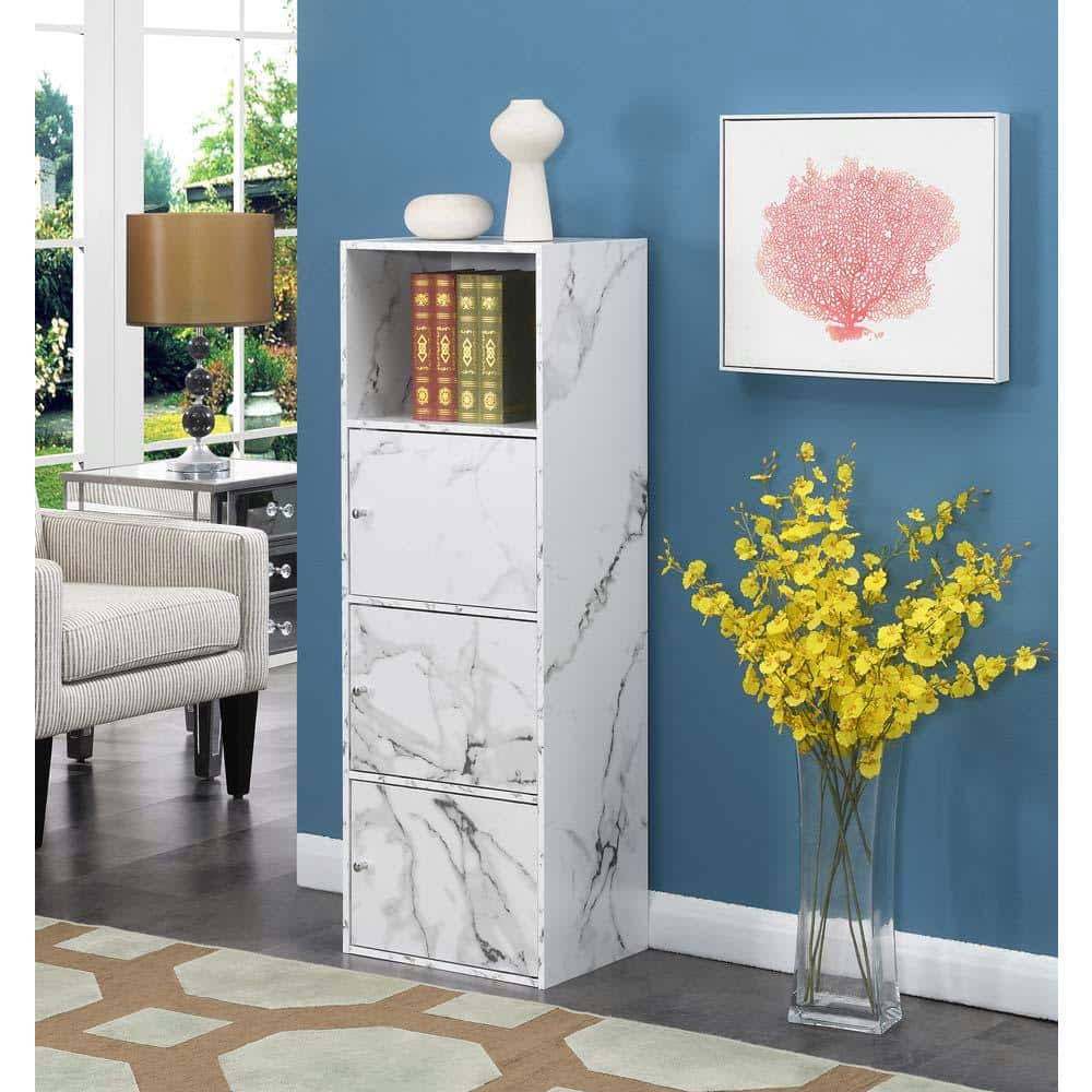 White Faux Marble 3-Door Office Storage Cabinet with Adjustable Shelving