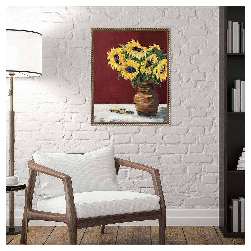 Sunflowers in Maroon Beaded Framed Canvas Wall Art
