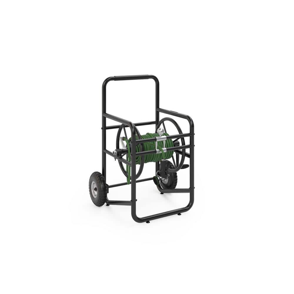 Black Steel Manual Crank Hose Reel Cart with Flat-Free Tires