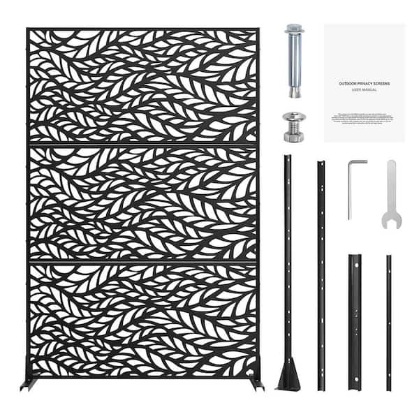 SVOPES Metal Privacy Screen, 47 in. W x 72 in. H, Outdoor Freestanding Divider with Stand, 3-Panel Steel Privacy Fence, Black