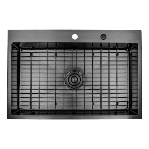 33 in. Dual Mount Single Bowl 18-Gauge Black Hexagon Textured Stainless Steel Kitchen Sink with Grid and Drains