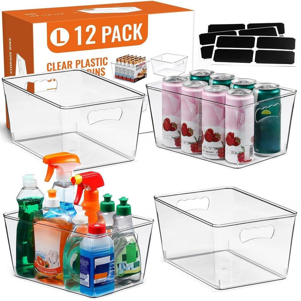 Clear Finish Plastic Storage Bin with Handles and Labels, 12 Pack, Multiuse Pantry Organizer for Home Kitchen price history on PriceWatchPro