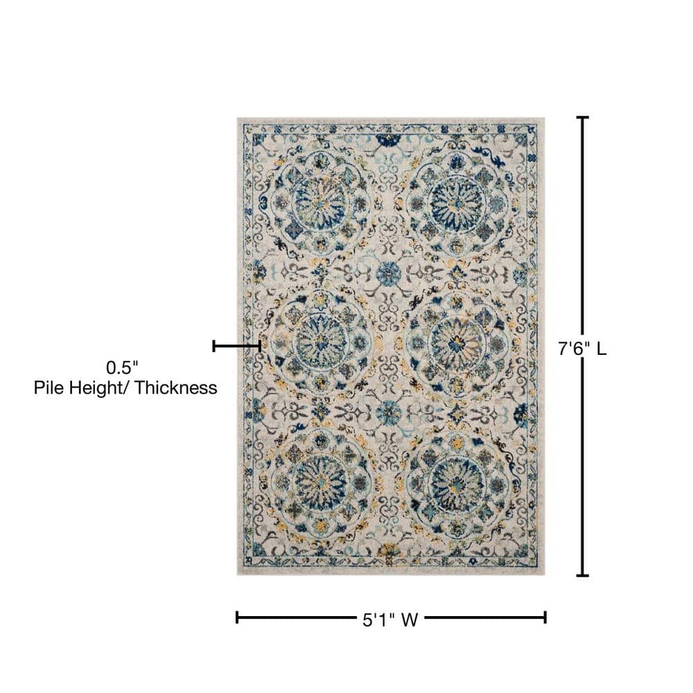 Ivory and Blue Synthetic Rectangular Area Rug, 5'3" x 7'6"
