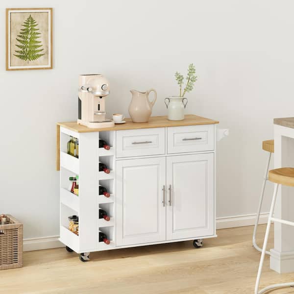 Unbranded White Rubber Wood Kitchen Cart with Drop Leaf, 2-Door Cabinet, 2-Drawers, Spice Rack, Towel Holder, and Wine Rack