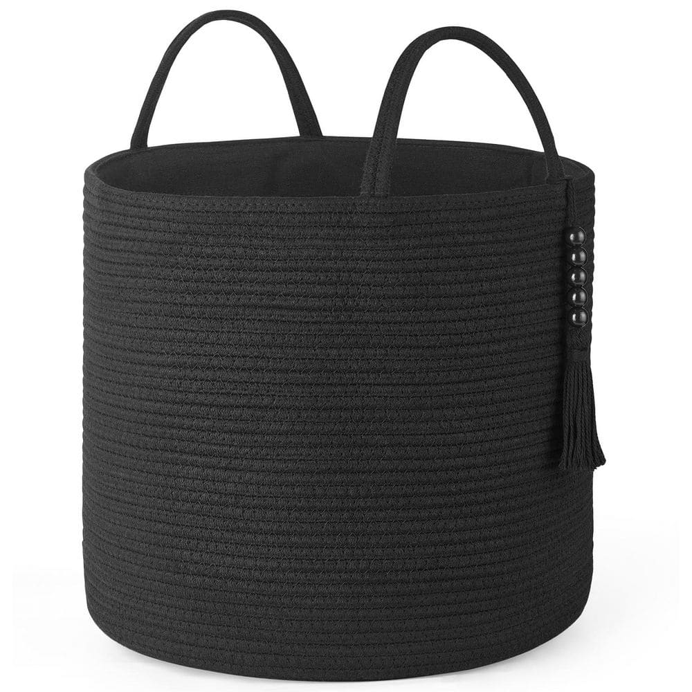 "Black 16"" x 13.8"" Woven Storage Basket Decorative Natural Rope Basket Wooden Bead Decoration, Plant Organizer Bin" price history on PriceWatchPro