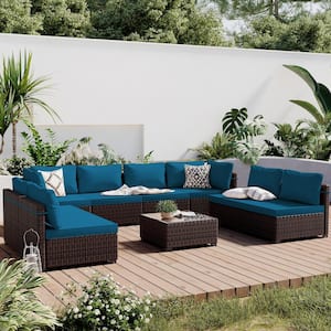 9-Piece Wicker Patio Conversation Seating Set with Deep Lake Blue Cushions and Coffee Table