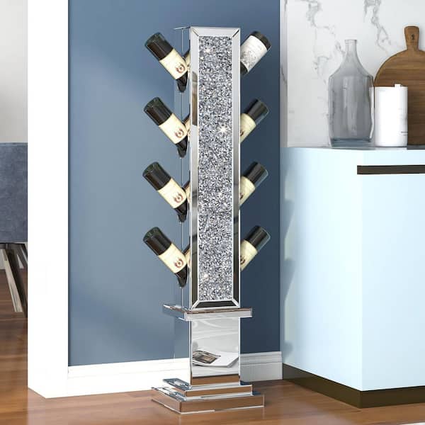 Silver 10.43 in. W x 50.20 in. H Modern Rectangular Manufactured Wood Framed Mirror Floor Wine Bottle Rack