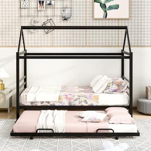 Twin Size House Shape Platform Bed with Trundle, Metal House Bed Frame with Roof for Kids Toddlers, Black