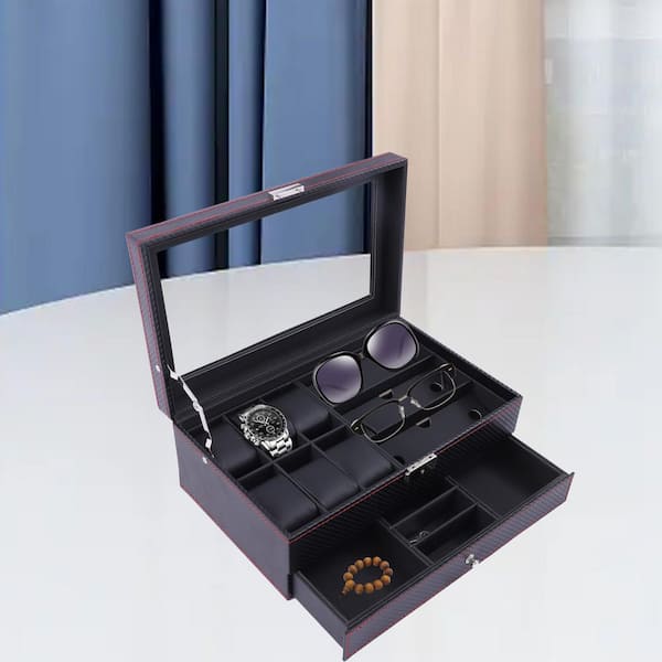 YIYIBYUS Black Leather 12-Watch and 12-Eyeglasses Organizer Display Box  With Metal Buckle OT-ZJGJ-4680 - The Home Depot