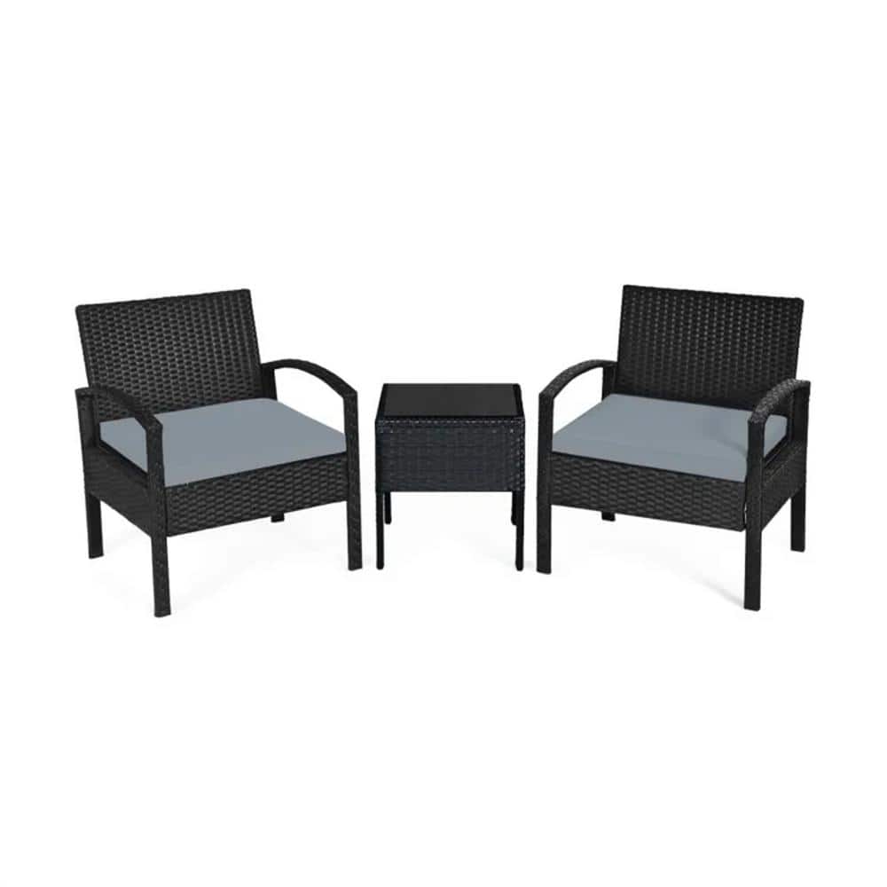 Gray 3-Piece Wicker Outdoor Lounge Chair without Sunshade with Gray Cushion