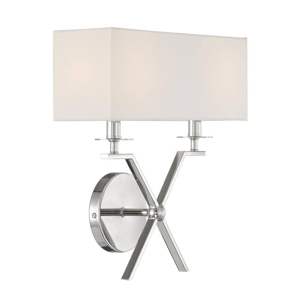 Polished Nickel 2-Light Wall Sconce with White Fabric Shade