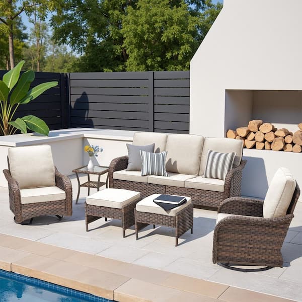 6-Piece Wicker Swivel Patio Conversation Set, Sofa, Swivel Chairs, Footstools and Table with Beige Cushions