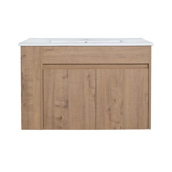 Unbranded 30 in. W x 18.3 in. D x 19.70 in. H Single Sink Wall-mount Bath Vanity in Brown with White Ceramic Top for Bathroom