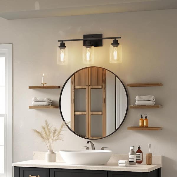 20 in. Matte Black 3-Light Vanity Light with Clear Glass Shades Perfect for Vanity Powder Room Dressing Room