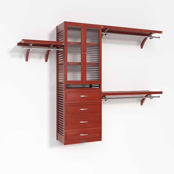 72 in. W - 120 in. W Red Mahogany Walk in with 4 Drawers and Glass Door 16 in. Shelf Wood Closet System