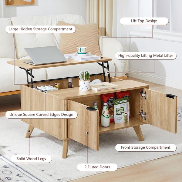 ATHMILE 31.49 in. Natural MDF Rectangle Coffee Table with Flip Top