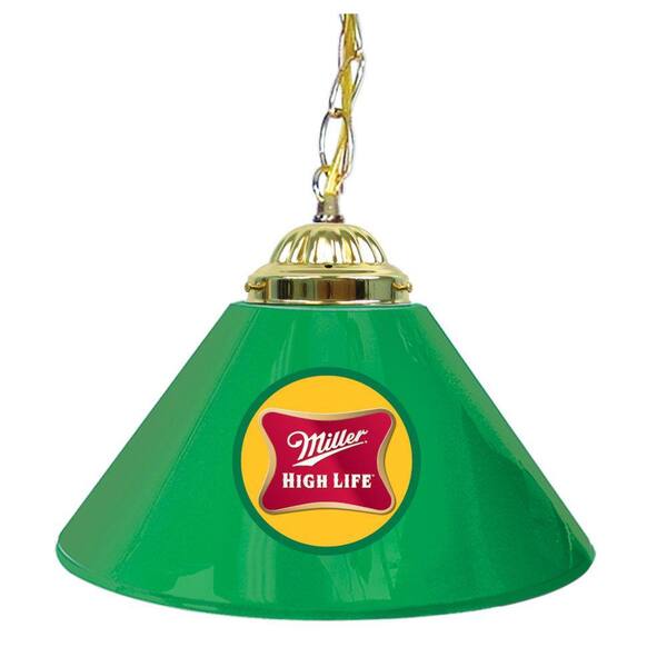 Trademark Global Miller High Life 14 in. Single Shade Green and Brass Hanging Lamp