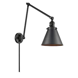Appalachian 8 in. 1-Light Matte Black Wall Sconce with Matte Black Metal Shade with On/Off Turn Switch